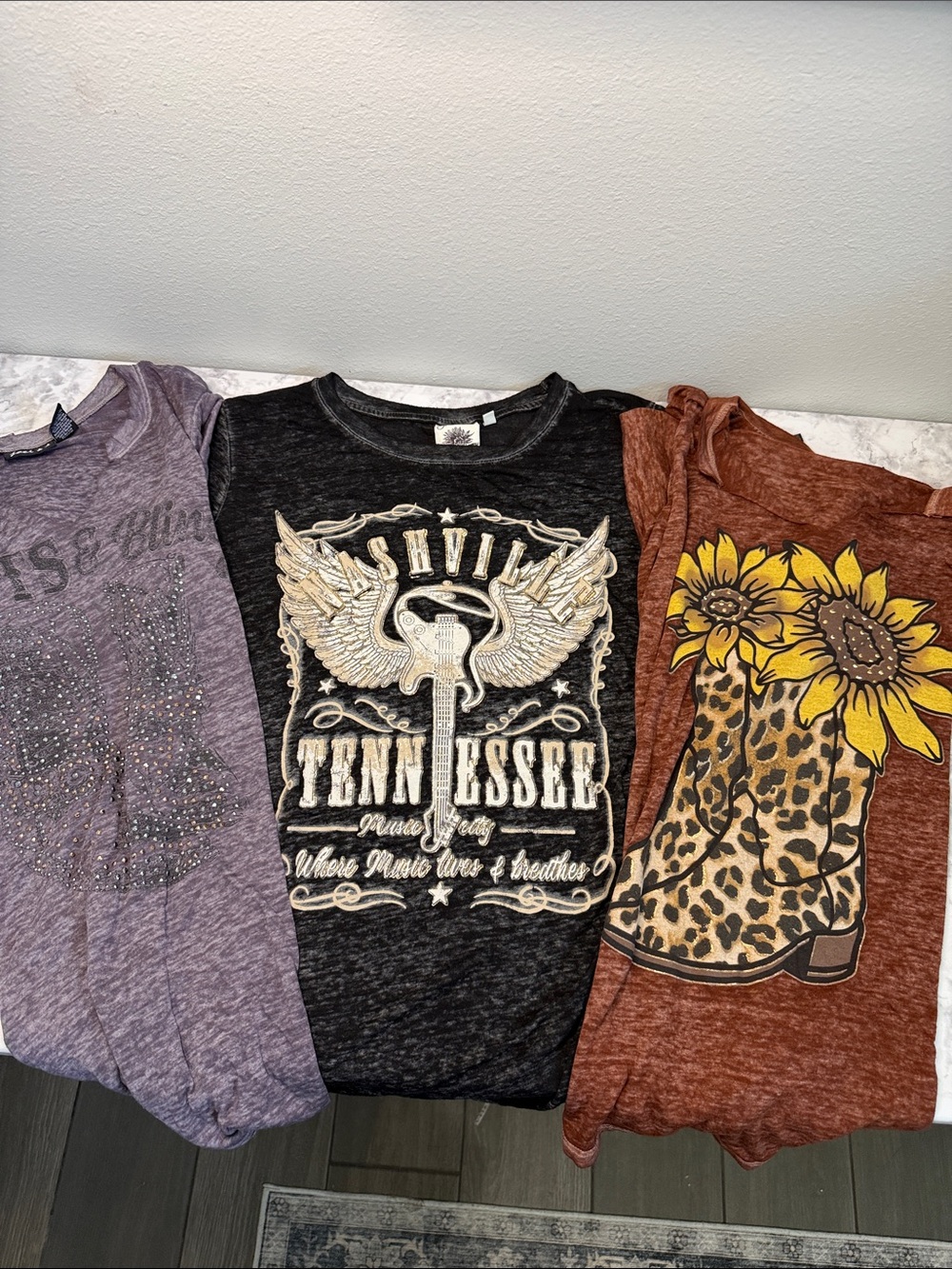 Western Rust Graphic Tees Bundle, Nashville Leopard Cowboy Boot & Sunflower 1X